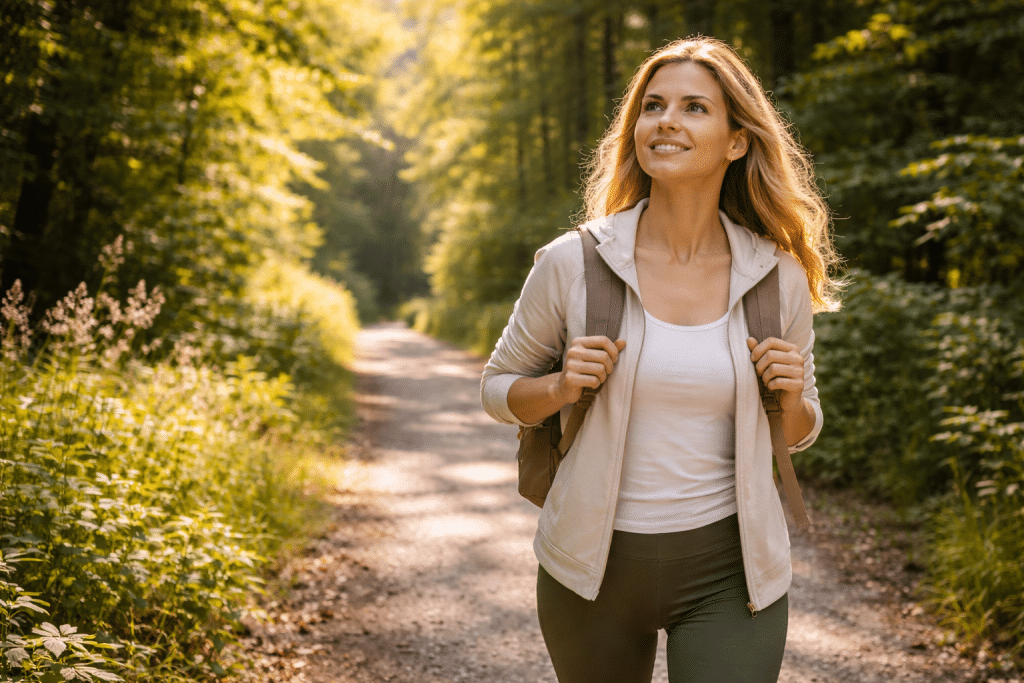 Person walking in nature among trees and natural light, a representation of relaxation and mental well-being