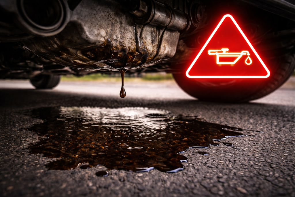 Macchia di olio sotto l’auto dovuta a perdita dal motore