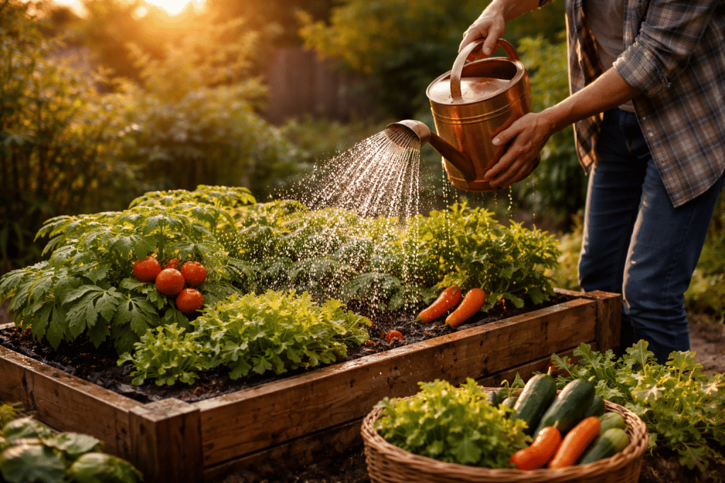 Persona che annaffia l’orto al tramonto con luce naturale calda