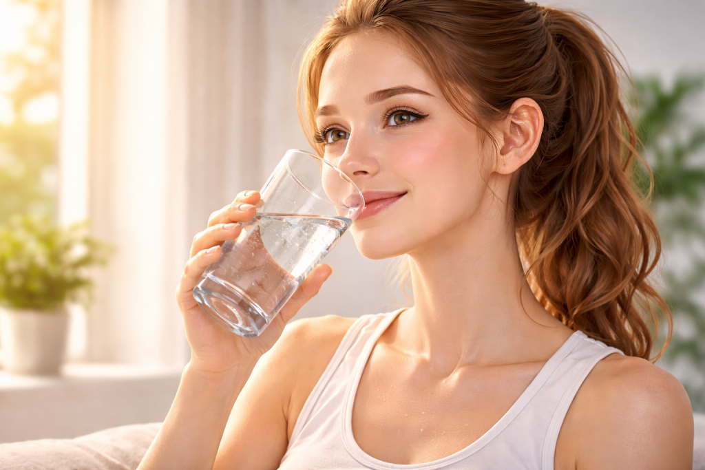 Persona che beve un bicchiere d’acqua per mantenere una buona idratazione della pelle