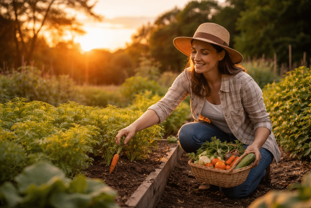 Persona che coltiva un orto al tramonto con luce calda e naturale