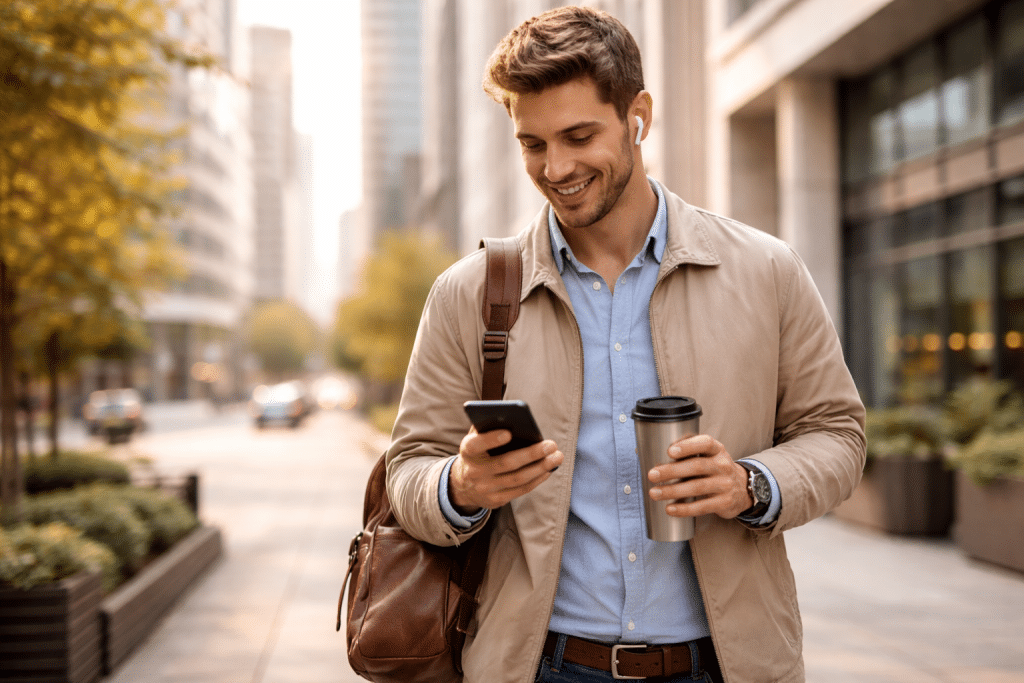 Persona che si sposta in città in modo organizzato tra lavoro e vita quotidiana