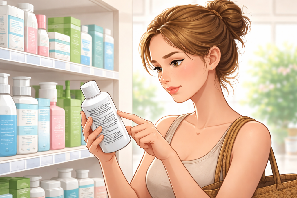 Donna che legge attentamente l’etichetta e gli ingredienti di un prodotto skincare in negozio