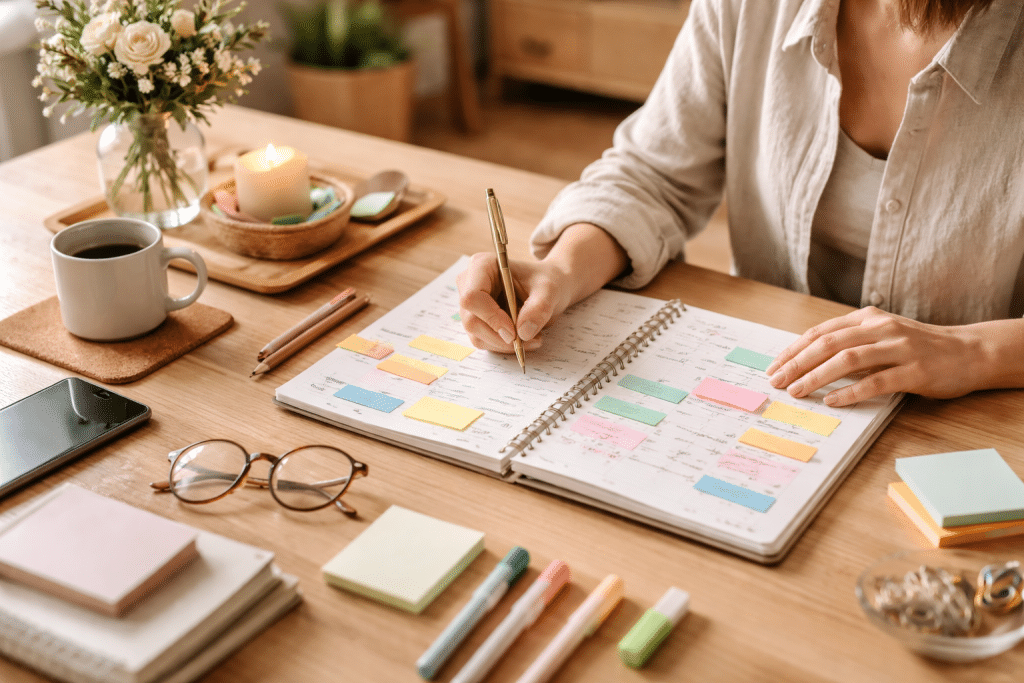 Persona che pianifica la giornata scrivendo su agenda cartacea su scrivania ordinata