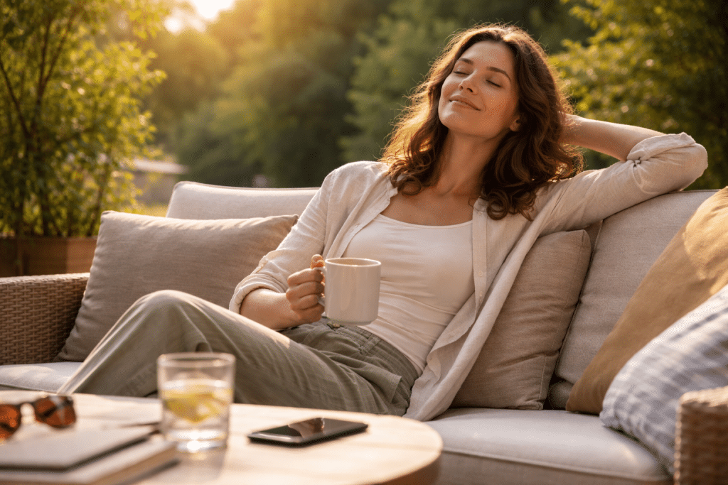 Persona rilassata nella natura senza smartphone mentre si gode un momento di pausa
