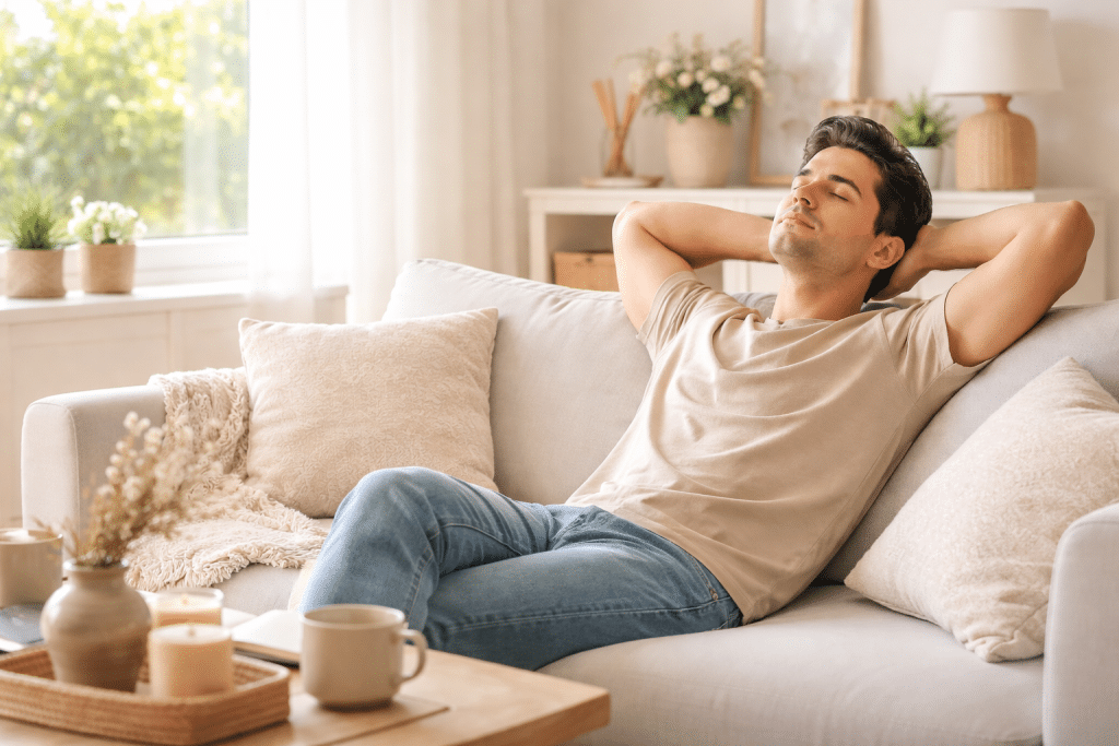 Persona rilassata in soggiorno ordinato e luminoso con ambiente minimal