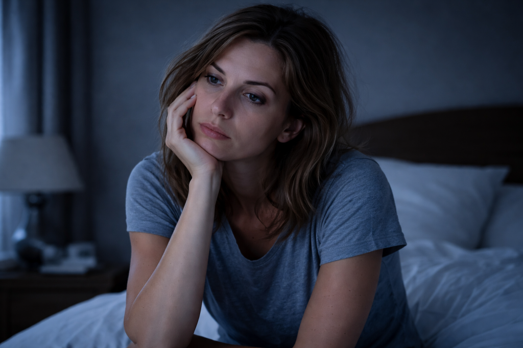 Persona seduta sul letto con espressione pensierosa e stanca, concetto di stress e preoccupazione.