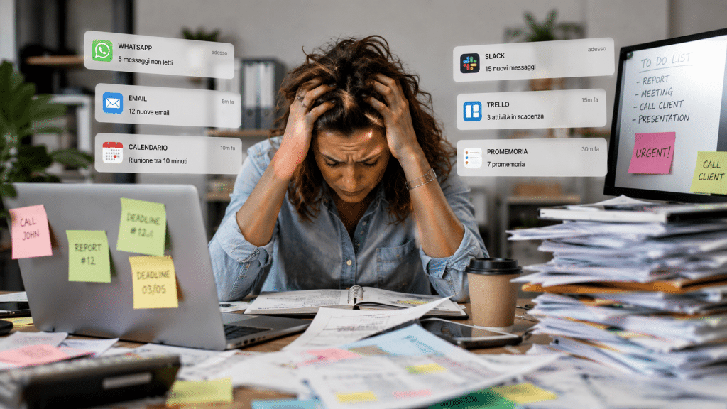 Persona estresada y abrumada por compromisos, documentos y notificaciones digitales en el trabajo.