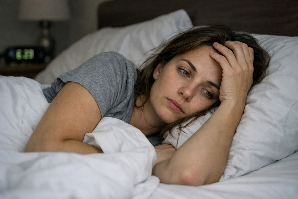 Persona stanca sdraiata nel letto di notte con espressione affaticata