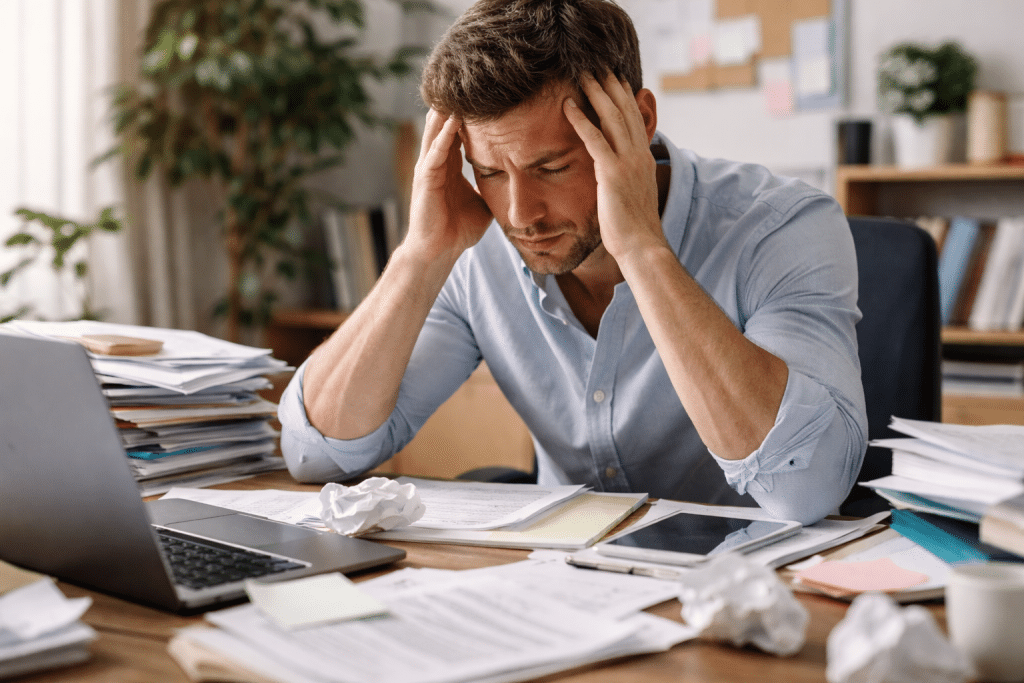 Persona stressata davanti a una scrivania disordinata con molti documenti e oggetti sparsi