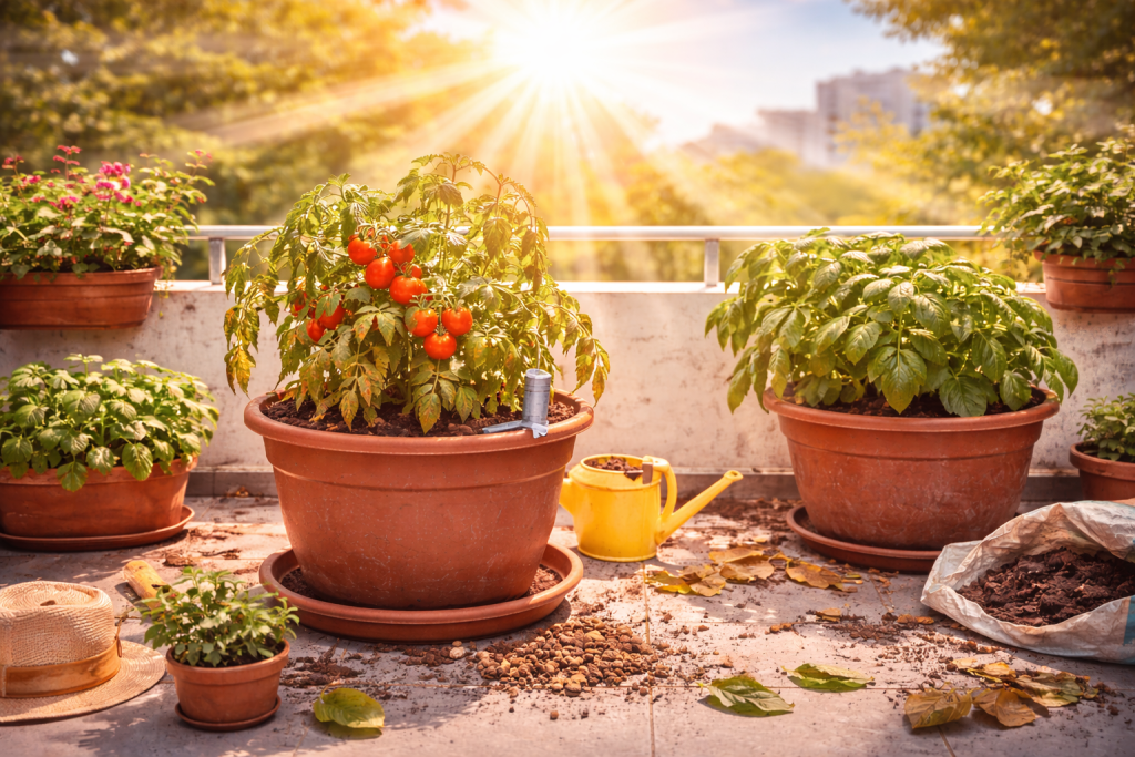 piante dell’orto in vaso su balcone esposte al sole forte con pomodori e basilico