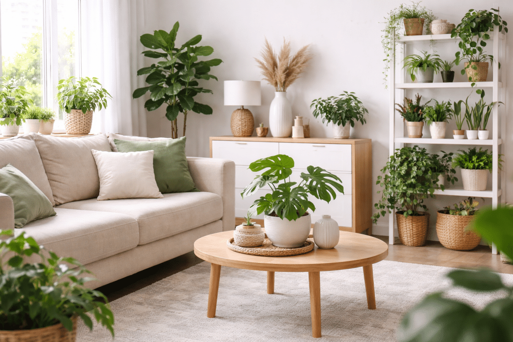 Soggiorno luminoso con molte piante da interno e arredamento naturale