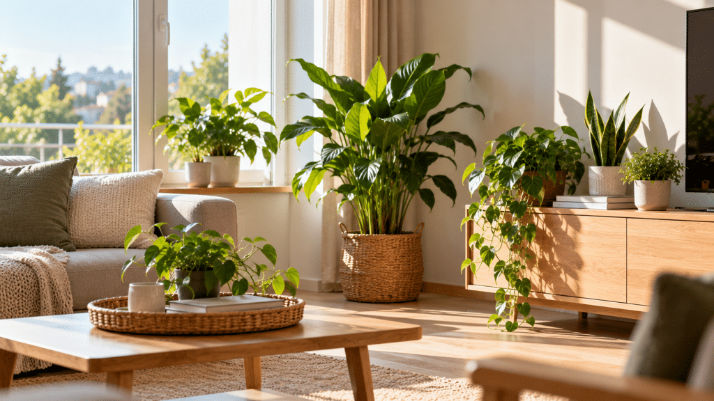 bright living room with indoor green plants