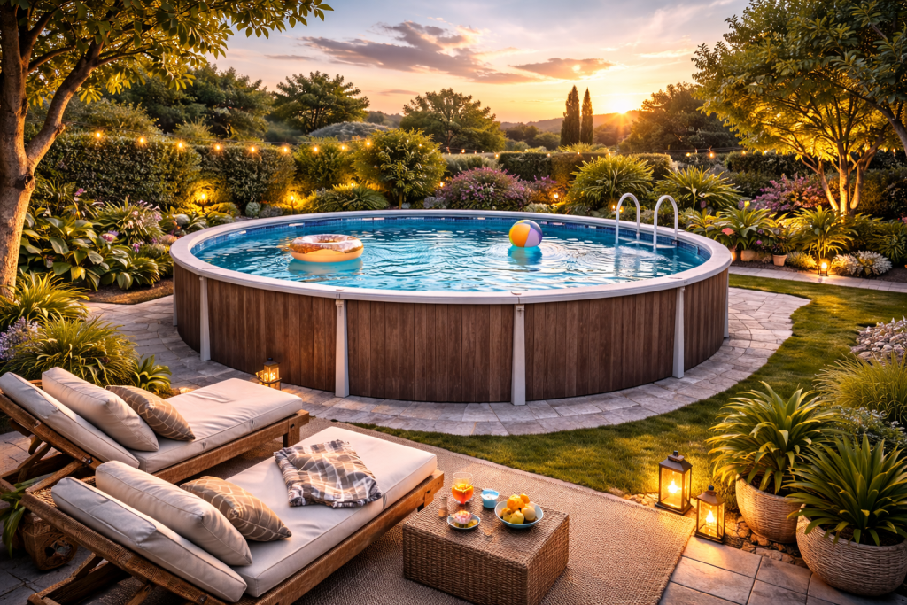 piscina fuori terra rotonda in giardino con lettini relax e illuminazione serale