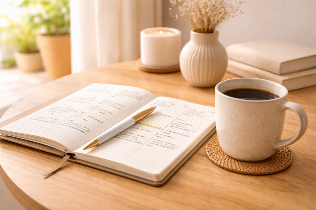 Planner aperto con penna e tazza di caffè su una scrivania luminosa