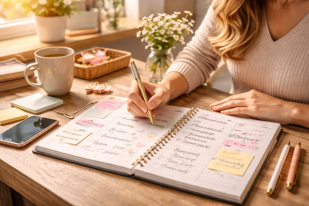 Open planner on desk with pen and work items, a symbol of organization and time management