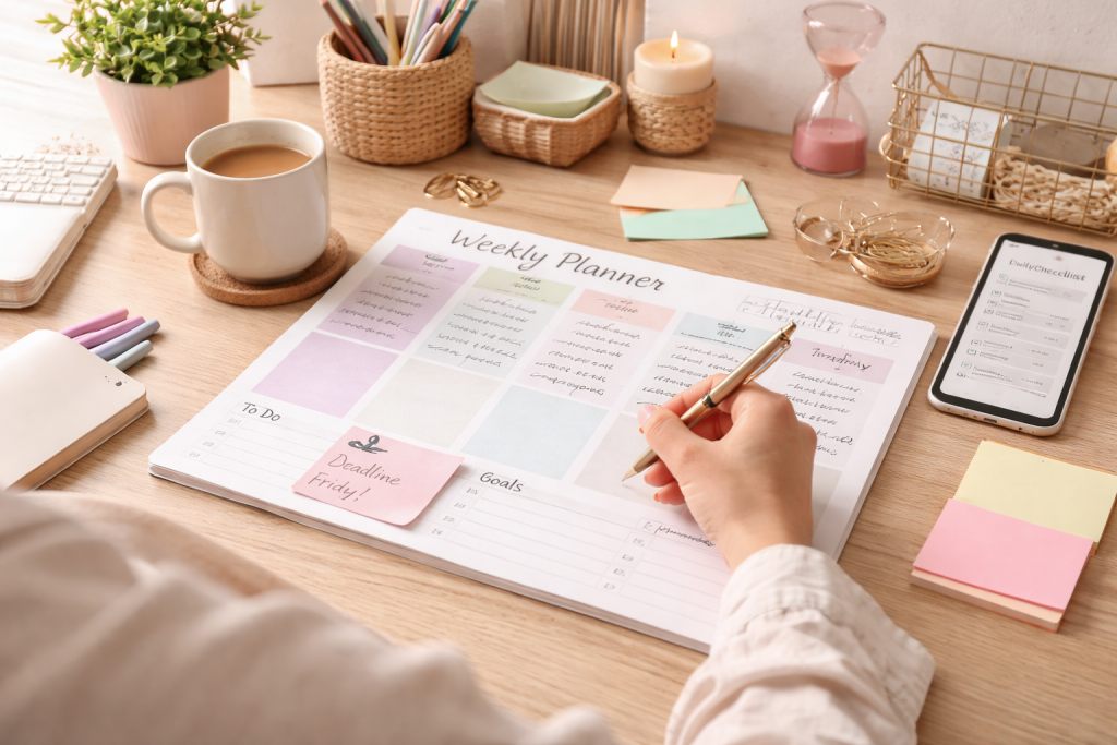 Weekly planner used to organize activities, goals and commitments to improve productivity and time management.