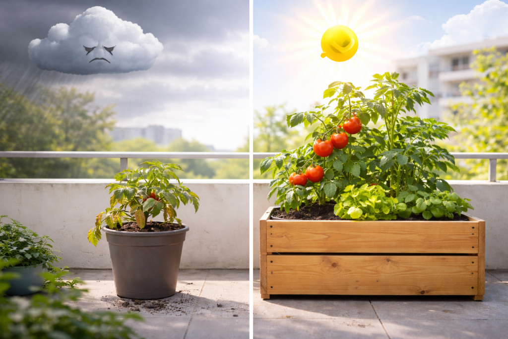 confronto tra pianta di pomodoro con poco sole e pianta con pieno sole coltivate sul balcone