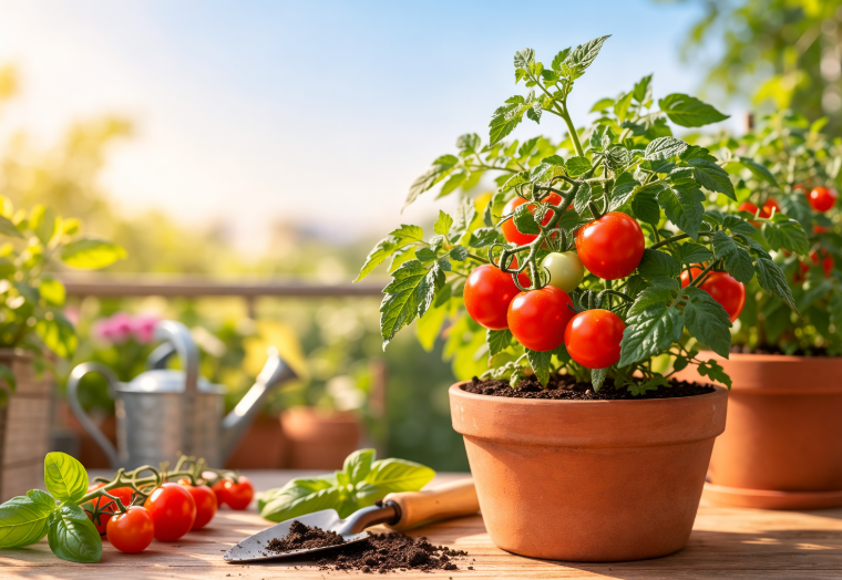 Potted tomato plant on balcony with ripe red tomatoes and natural light