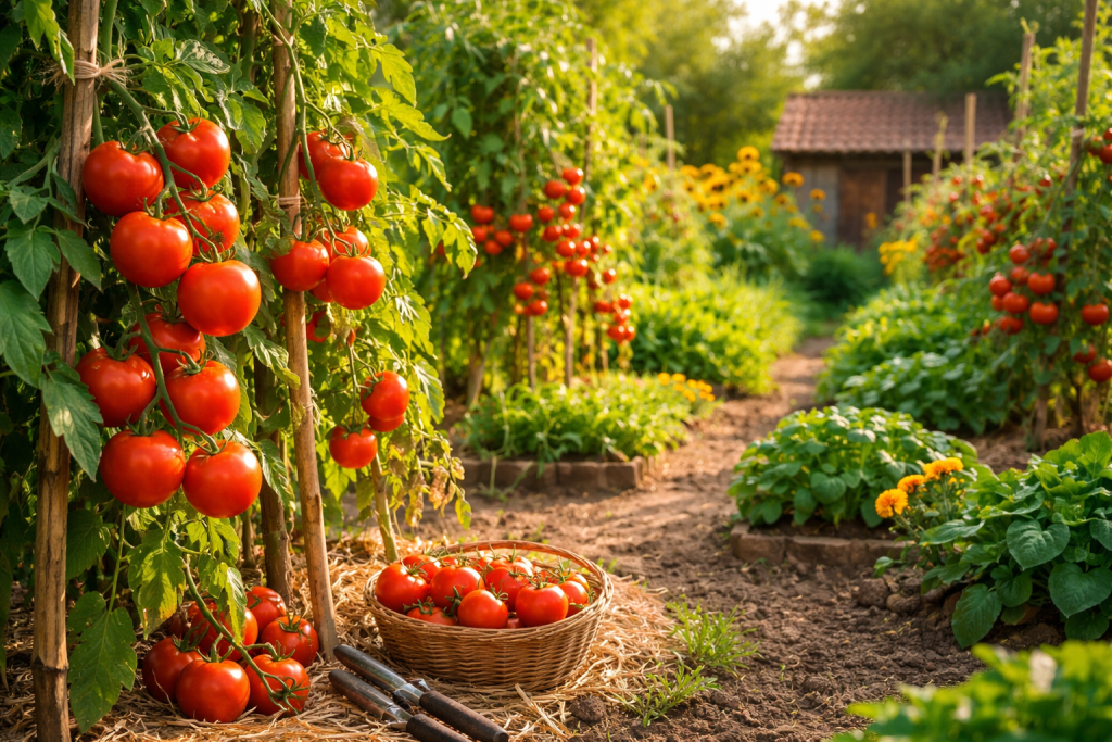 Pomodori maturi coltivati nell’orto domestico con piante sostenute da tutori e cestino di raccolta