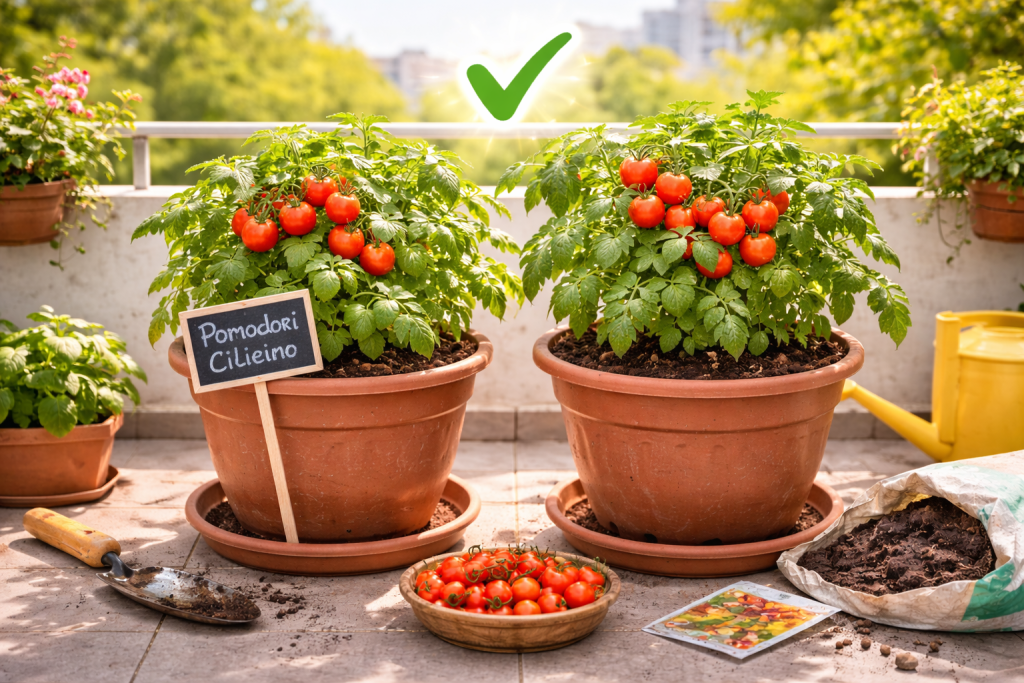 pianta compatta di pomodoro ciliegino coltivata in vaso sul balcone con molti frutti rossi