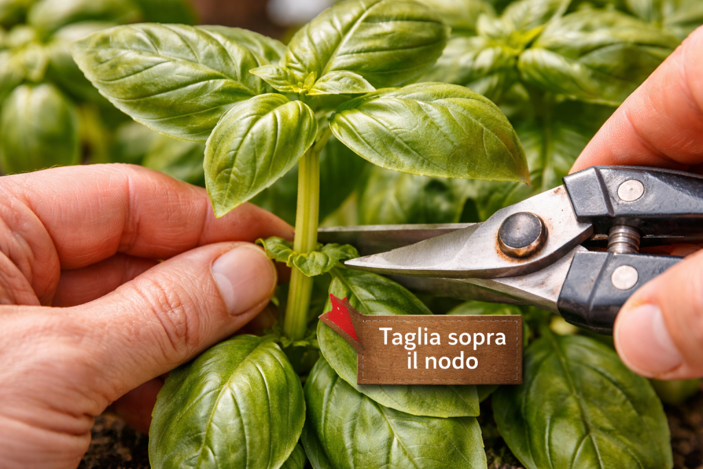 Cutting basil above the node to encourage the growth of new shoots