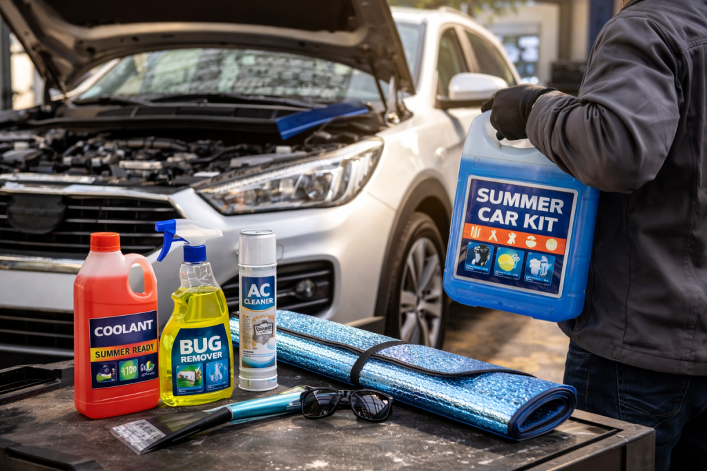 Preparazione auto per il caldo estivo con controllo liquidi e climatizzatore.