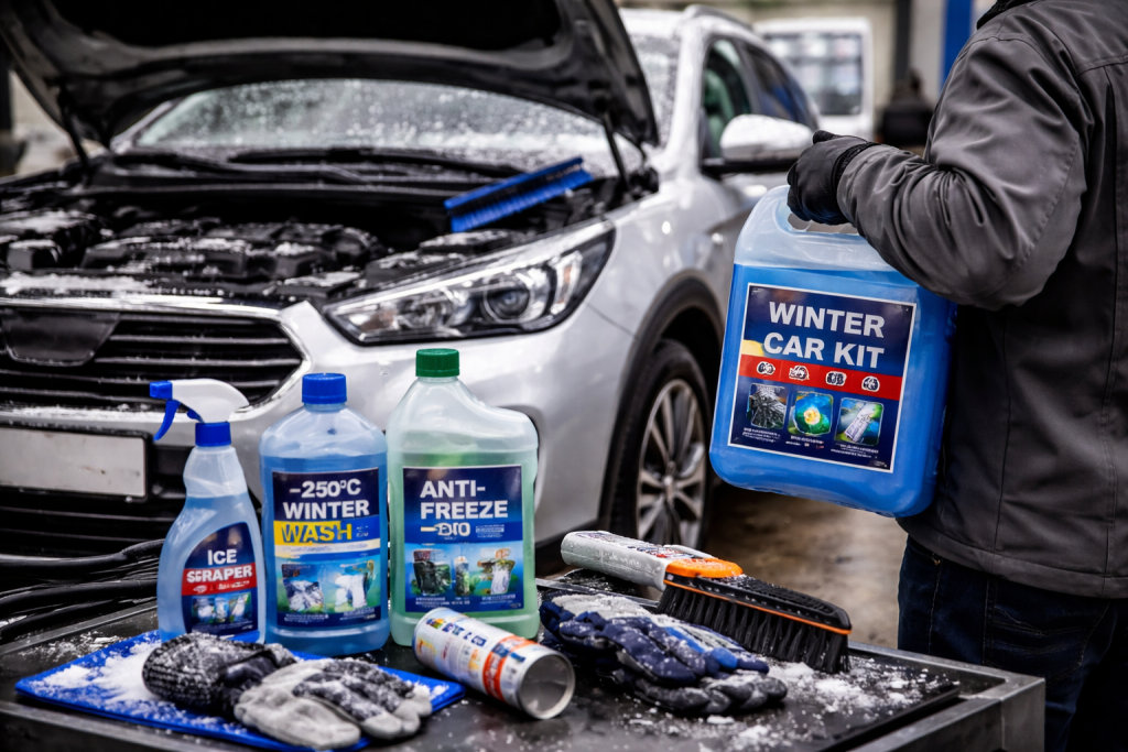 Preparazione auto per l’inverno con liquidi antigelo e accessori invernali.