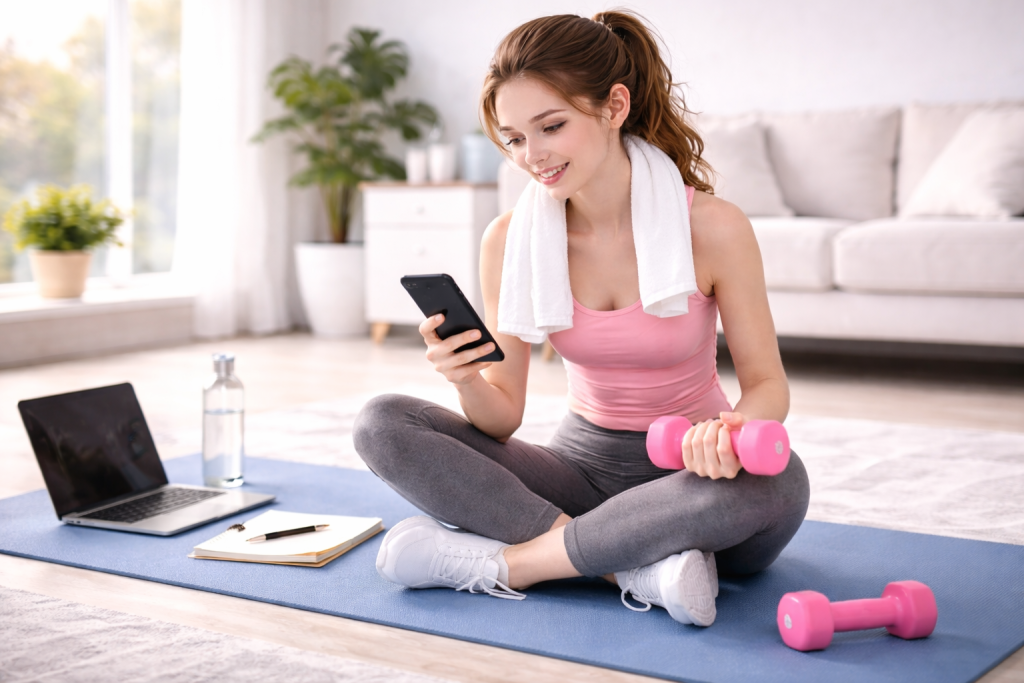 Persona principiante che si allena a casa su tappetino yoga con manubri e smartphone
