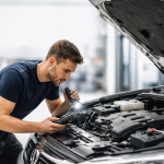 Meccanico che controlla il motore di un’auto con cofano aperto durante una diagnosi dei problemi motore