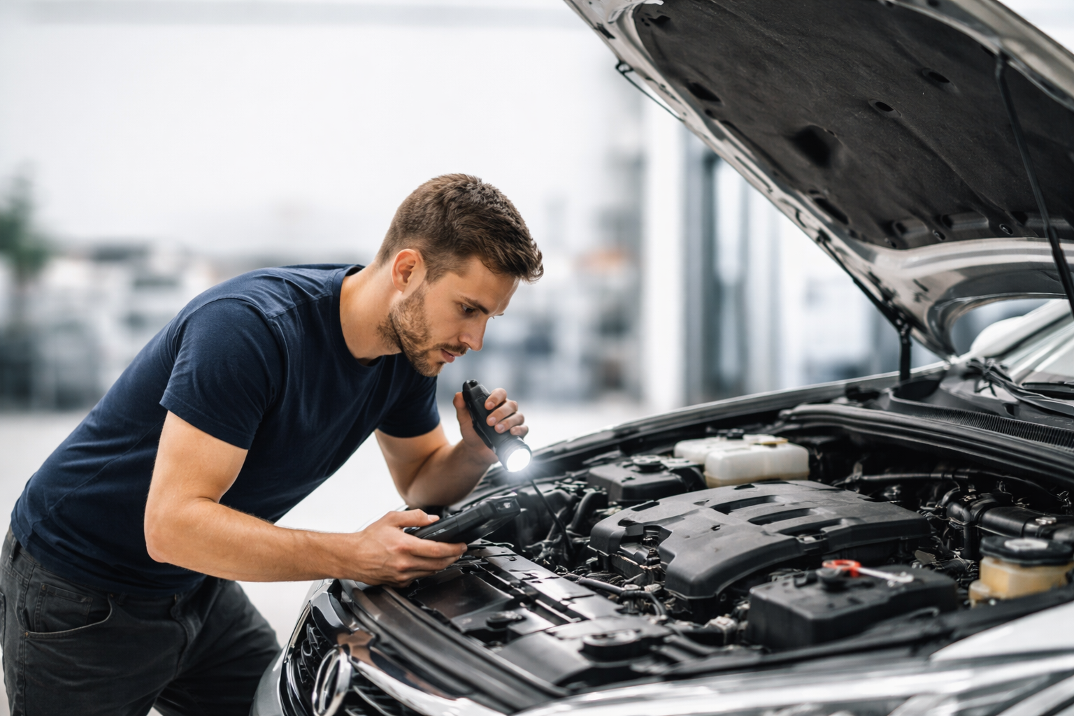 Meccanico che controlla il motore di un’auto con cofano aperto durante una diagnosi dei problemi motore