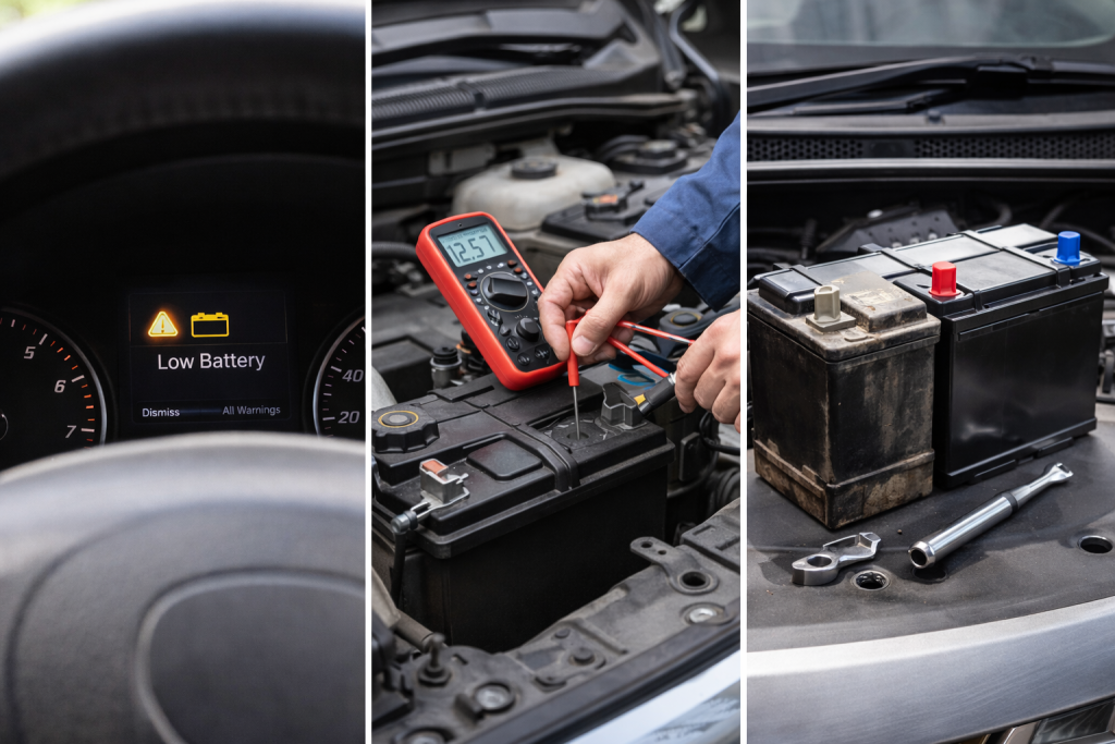 Controllo della batteria auto con multimetro nel vano motore