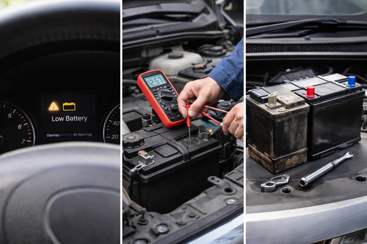 Controllo della batteria auto con multimetro nel vano motore