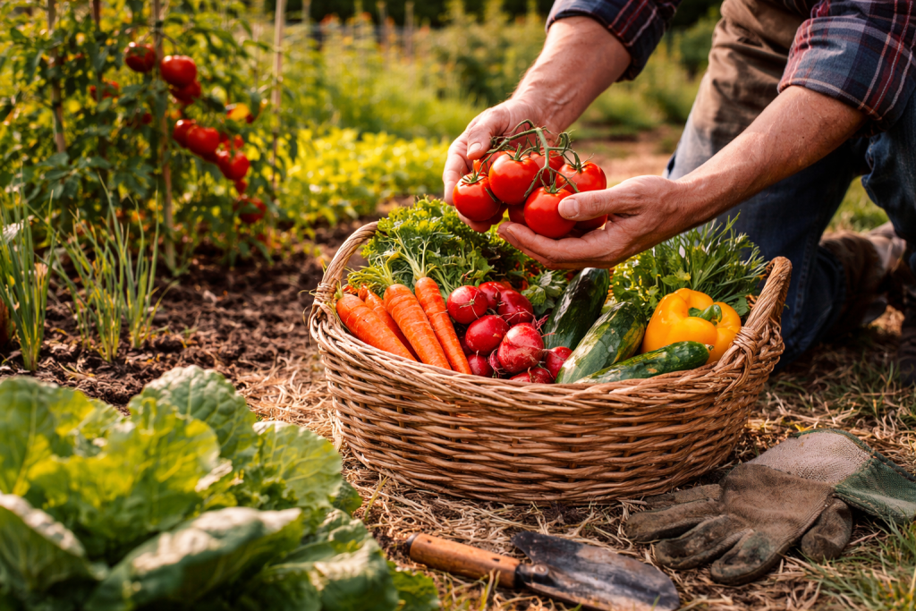 raccolta di ortaggi freschi nell’orto con cesta di verdure
