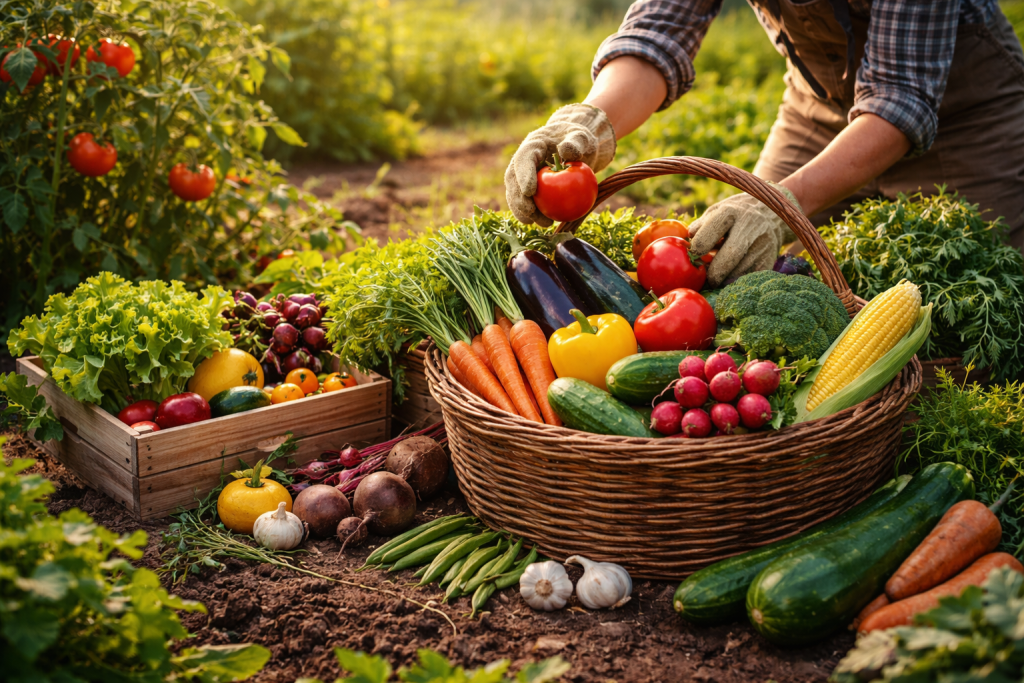 Raccolta di verdure fresche dell’orto in un cesto nel giardino, con pomodori, carote, zucchine e broccoli appena raccolti.