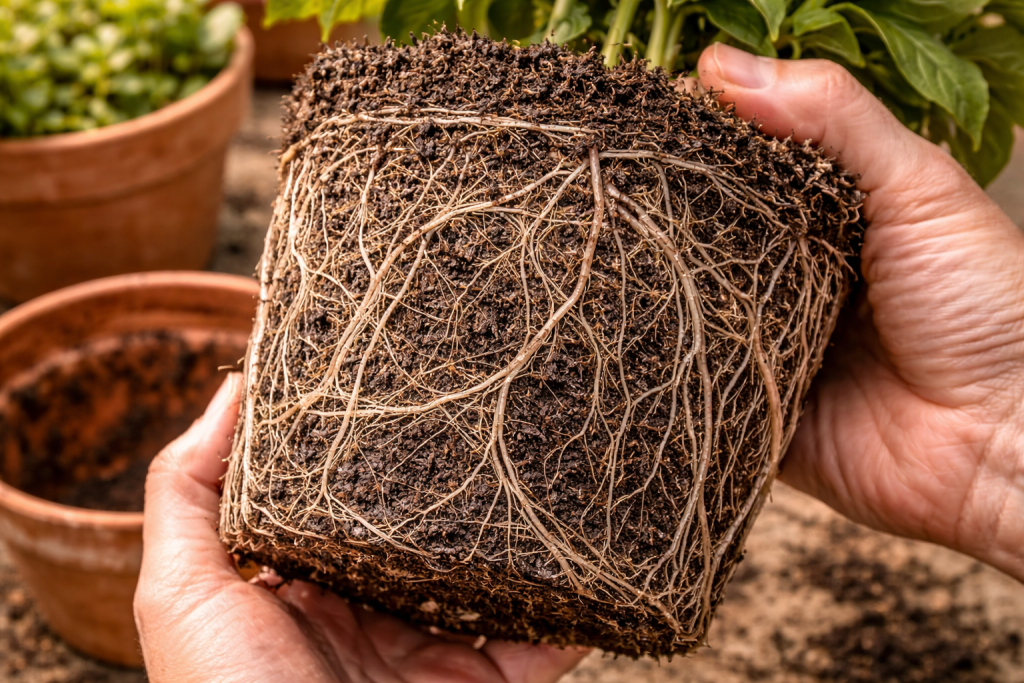 Dense roots that completely fill a pot indicating the need for repotting