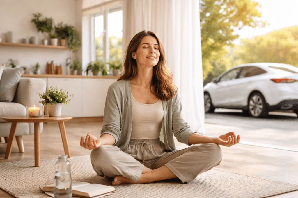 Persona rilassata in casa mentre pratica mindfulness in un ambiente luminoso