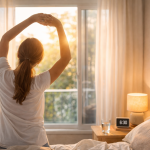 Persona che si sveglia e si allunga davanti alla finestra illuminata dal sole del mattino
