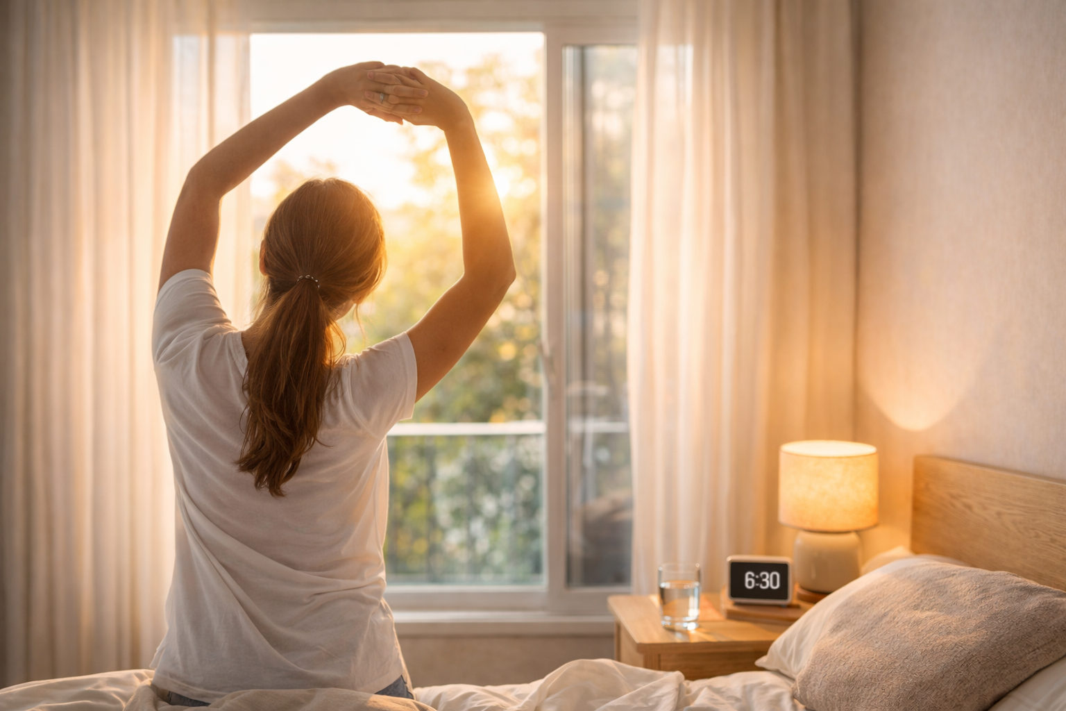 Persona che si sveglia e si allunga davanti alla finestra illuminata dal sole del mattino