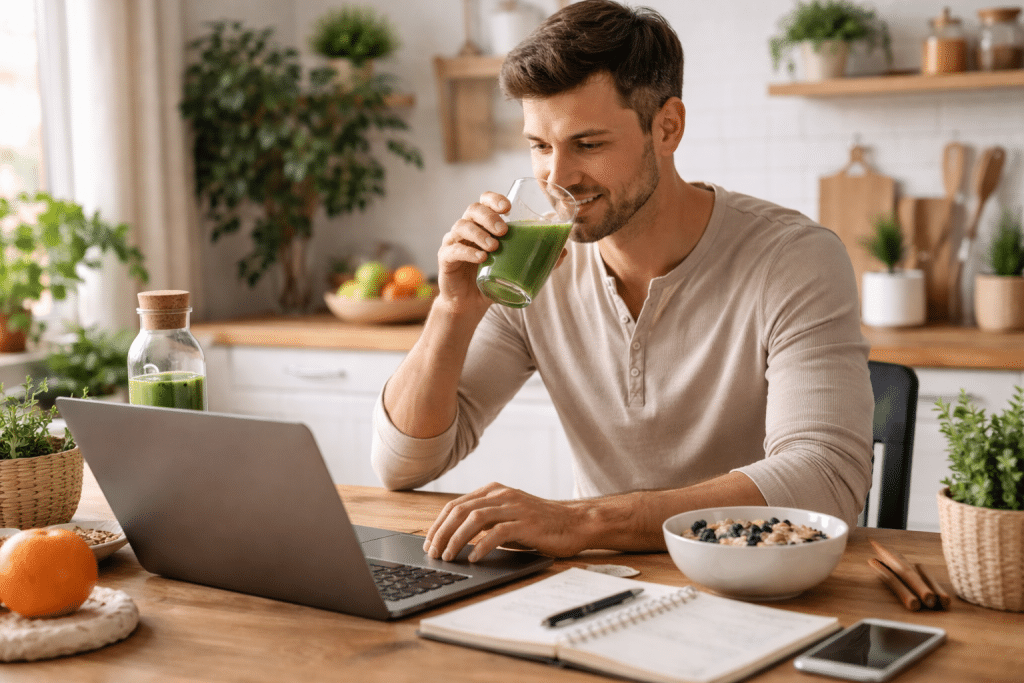 Persona serena che segue una routine quotidiana semplice in un ambiente luminoso e ordinato