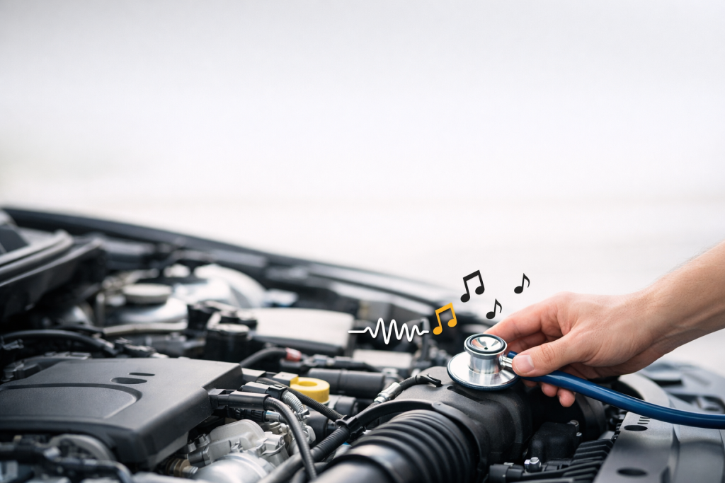 Meccanico che ascolta rumori strani del motore con stetoscopio nel vano motore dell’auto