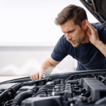 Meccanico che ascolta rumori strani del motore con stetoscopio nel vano motore dell’auto