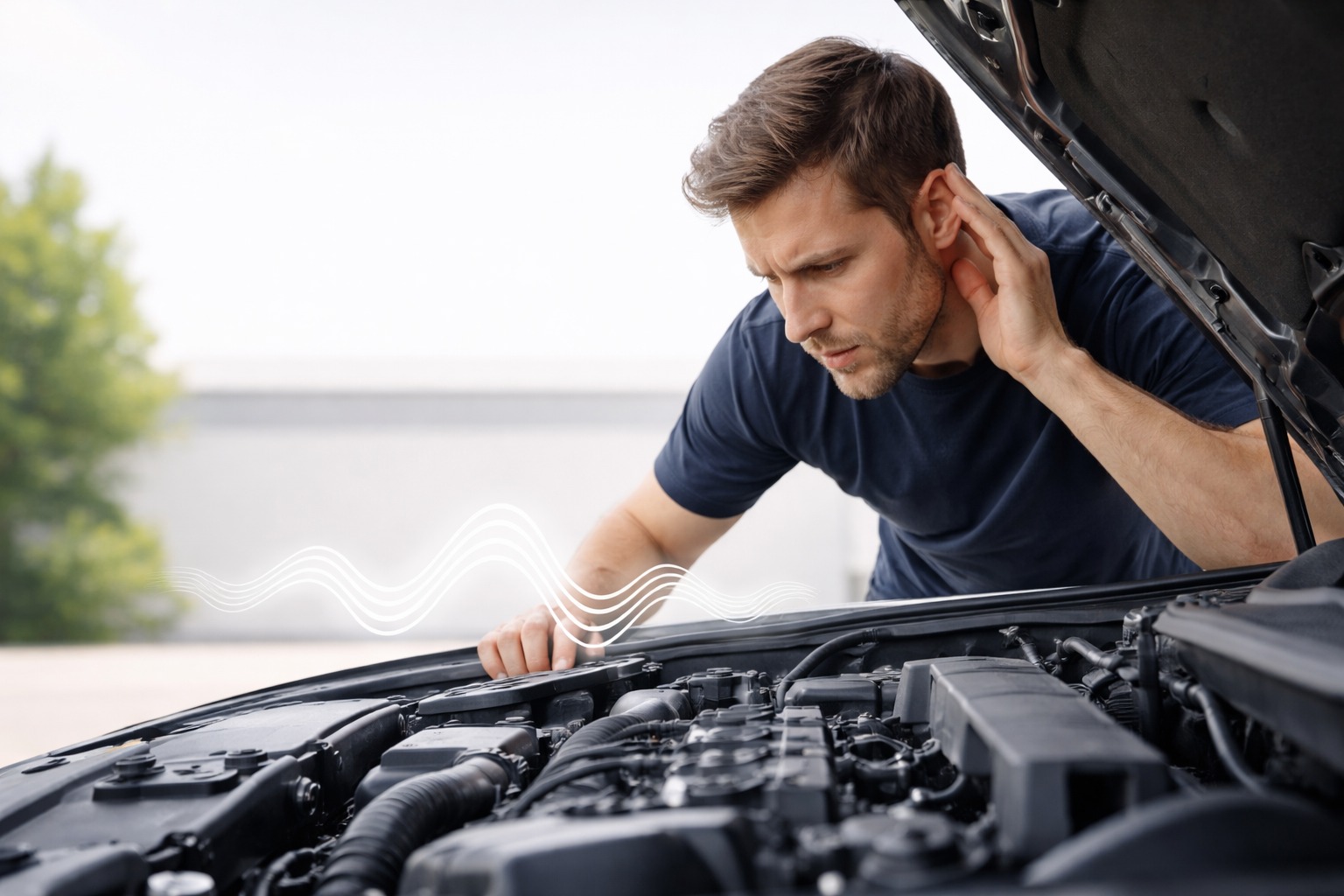 Meccanico che ascolta rumori strani del motore con stetoscopio nel vano motore dell’auto