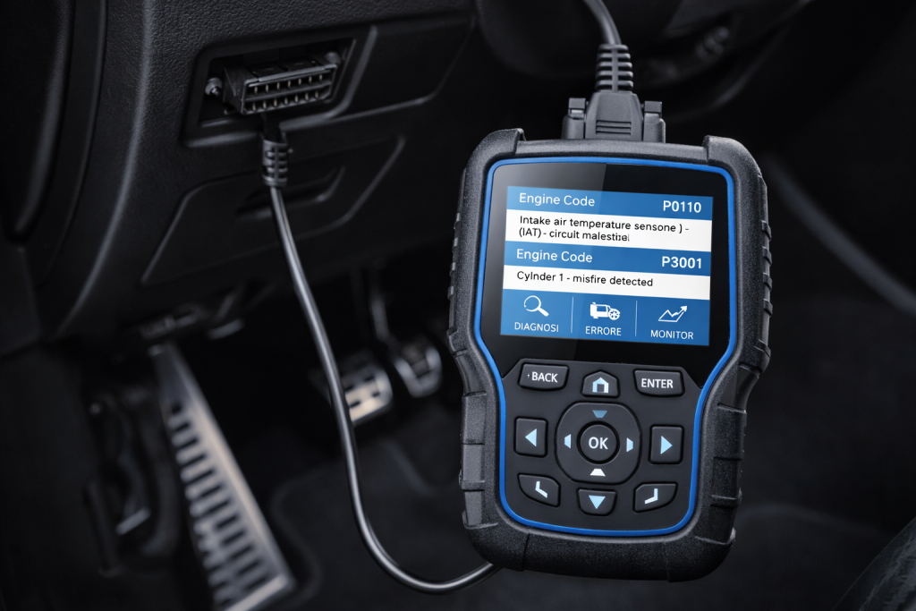scanner OBD2 collegato all’auto per diagnosi dei codici errore del motore