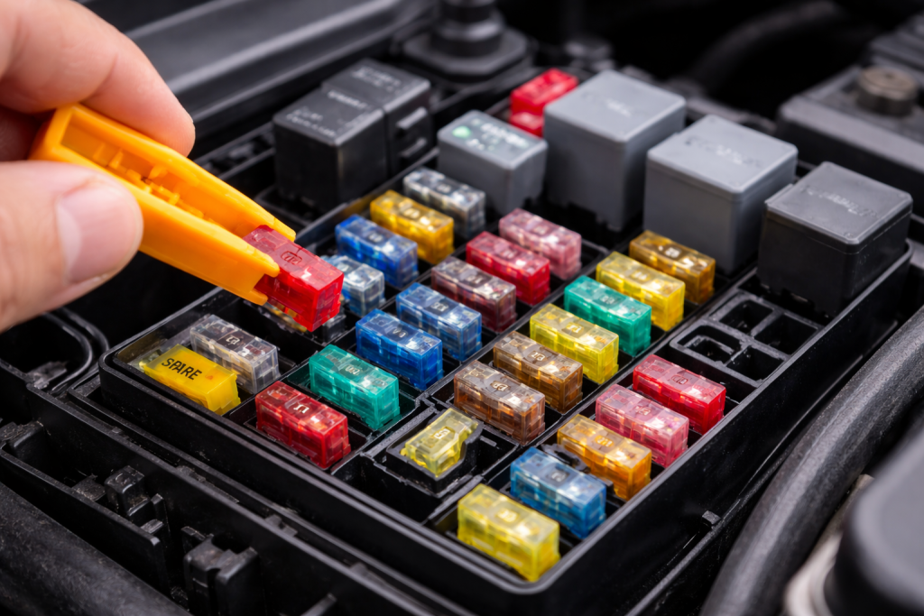 Scatola fusibili auto con fusibili colorati mentre viene rimosso un fusibile con pinza