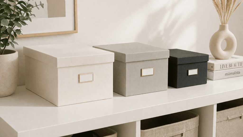 Scatole contenitori minimal design su scaffale in ambiente domestico ordinato
