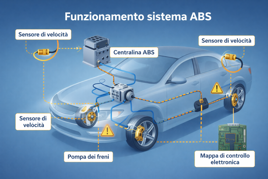 schema funzionamento sistema ABS dell’auto con sensori ruote e centralina