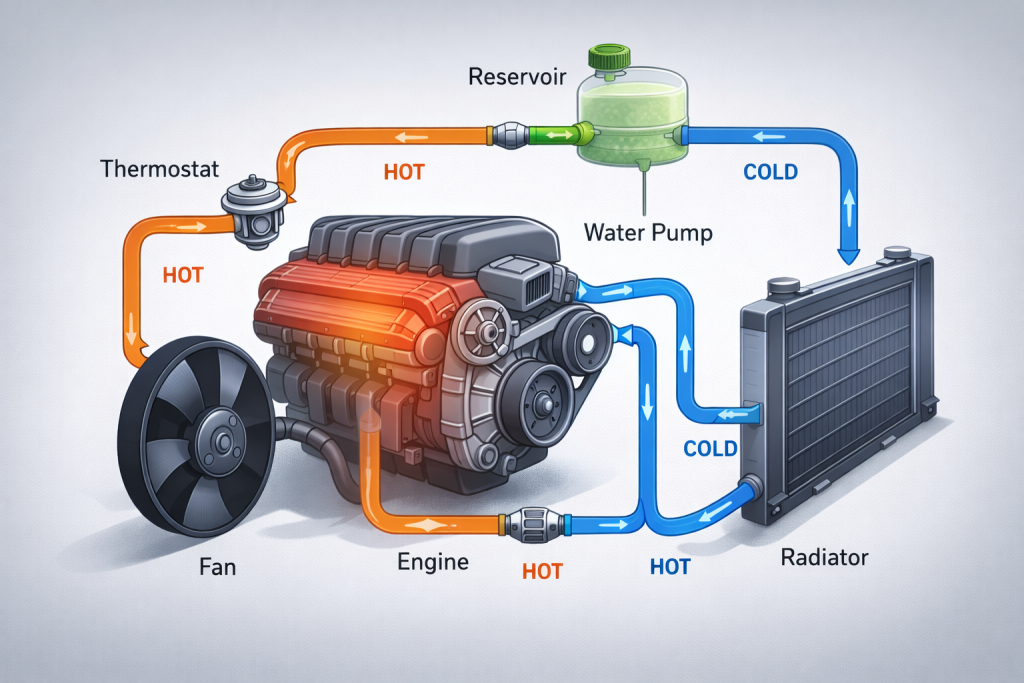 schema sistema di raffreddamento del motore auto con radiatore pompa acqua e termostato