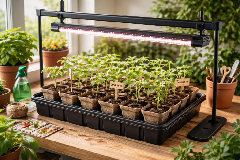 Semenzaio indoor con piantine di pomodoro in vasetti biodegradabili illuminati da lampada grow LED per la germinazione.