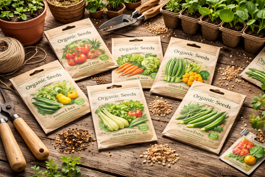 Semi biologici per orto in bustine su tavolo di legno con attrezzi da giardinaggio e giovani piantine.